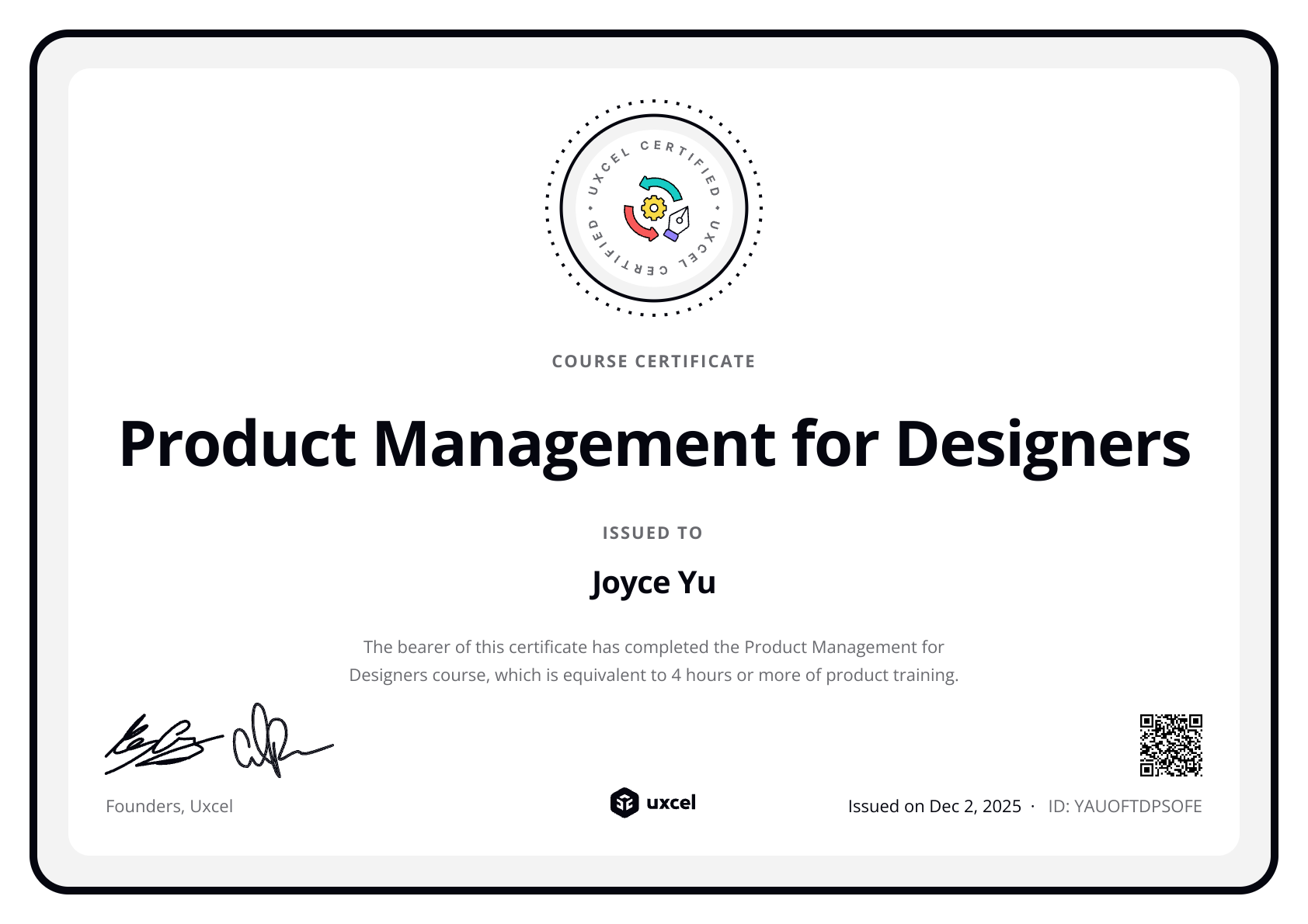 Joyce Yu's certificate